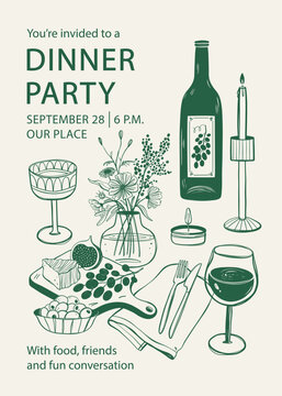 Dinner party invitation. Table served and decorated with flowers and candles.