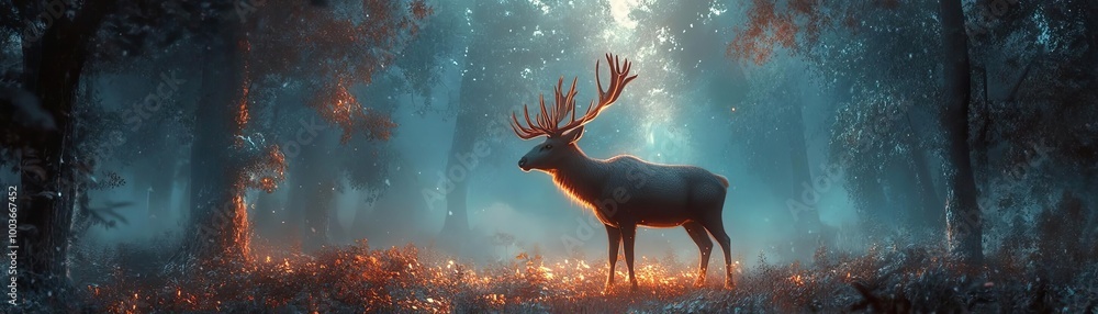 Poster A majestic deer stands in an enchanting forest, illuminated by soft light filtering through the trees, creating a serene atmosphere.