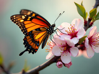 Fototapeta premium A butterfly landing on a blooming cherry branch 