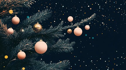 Fototapeta premium A festive close-up of a decorated Christmas tree branch with ornaments, set against a dark background with falling snowflakes.