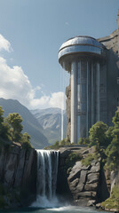 a waterfall in front of a building with a waterfall coming out of it