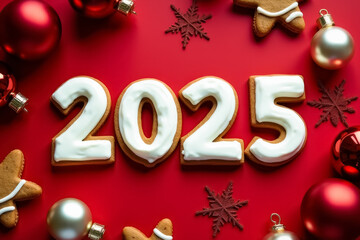 Gingerbread 2025 numbers with ornaments on red background