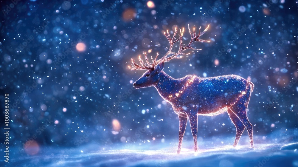 Poster a majestic deer standing in a snowy landscape, illuminated by soft lights and surrounded by a gentle