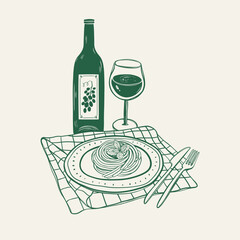 Wine and pasta hand drawn poster for wall art