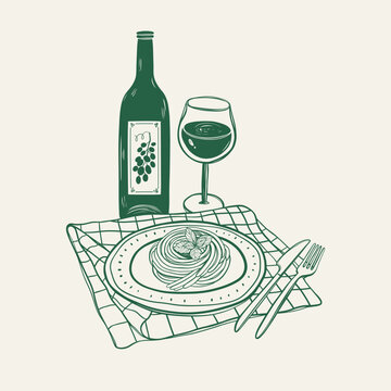 green wine bottle pasta plate setting clip art preview