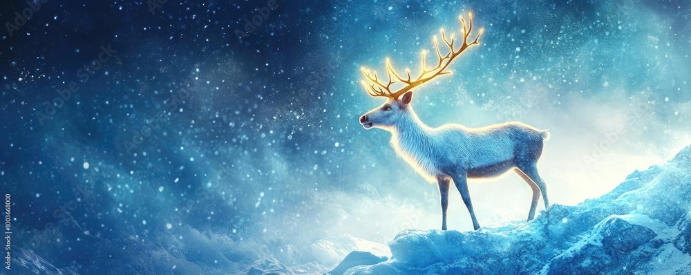 Poster a majestic reindeer stands against a magical snowy backdrop, illuminated by soft light, evoking a se