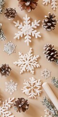 A snowflake is surrounded by pine cones and other snowflakes. Concept of winter and the beauty of nature during the holiday season