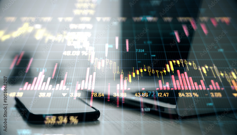 Poster close up of laptop and smartphone on desk with glowing falling forex chart on blurry background. eco