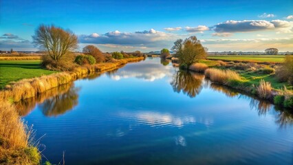Fototapeta premium A captivating river view of the Huntspill in North Somerset England showcasing its serene beauty from a unique worm s eye perspective, picturesque, tranquility, outdoor