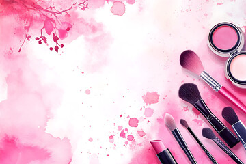 Traces of vibrant pink powder and blush forming a frame, with a makeup brush. A square template for a makeup artist's business card or flyer design, 