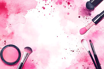 Traces of vibrant pink powder and blush forming a frame, with a makeup brush. A square template for a makeup artist's business card or flyer design, 