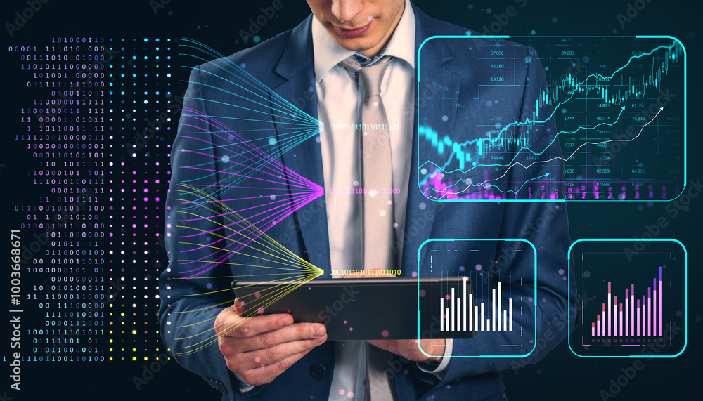 Aufkleber Close up of businessman hands using tablet with creative glowing business chart and ai binary code nodes on blurry background. Virtual marketing and finance concept. Double exposure.
