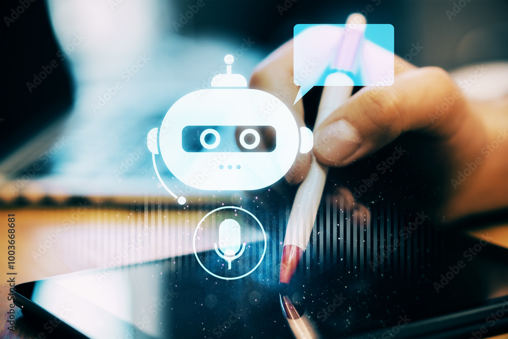 Aufkleber close up of businessman hand with digital pen using tablet on desk with glowing robot head on blurry