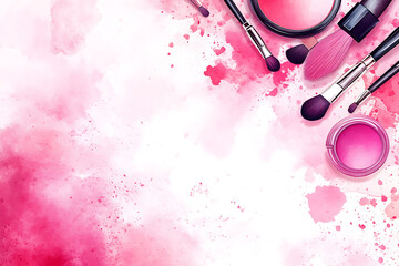 Traces of vibrant pink powder and blush forming a frame, with a makeup brush. A square template for a makeup artist's business card or flyer design, 