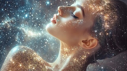 Fototapeta premium Beautiful woman with a cosmic background, stars and galaxies in her skin, creating an otherworldly portrait. 