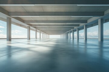 Naklejka premium Empty floor for car park 3d rendering of abstract building with clear sky background