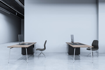 Simple coworking office interior with furniture and mock up place on wall. 3D Rendering.