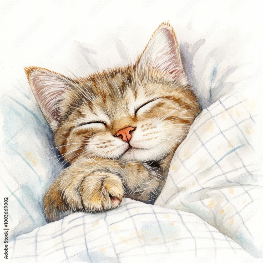 Poster a cozy, sleeping cat snuggled in a fluffy bedspread on a soft white background during a peaceful aft