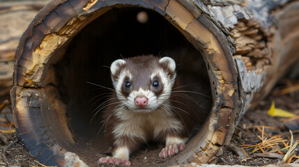 Obraz premium Curious ferret peeking out from a hiding spot, playful and adorable, ready for fun times.