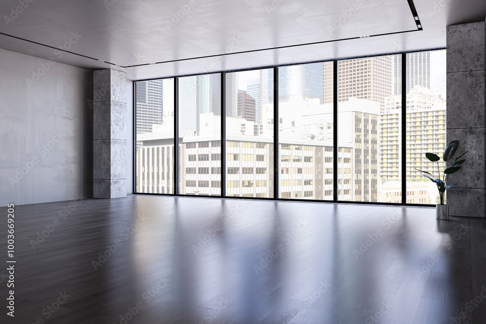 Poster clean interior with panoramic windows, city view and daylight. 3d rendering.