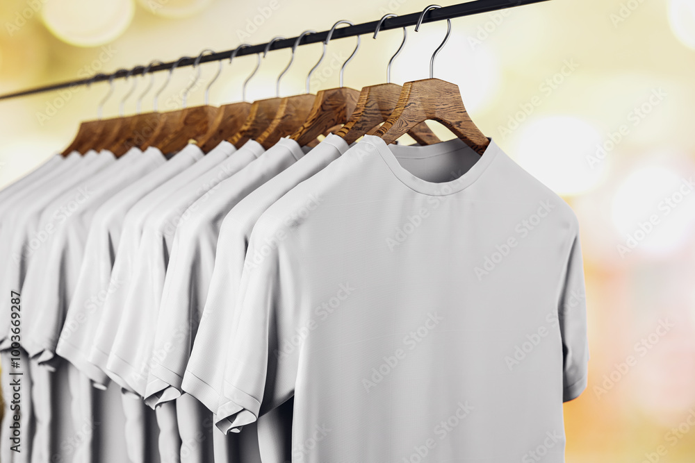 Poster Row of empty white t-shirts hanging on rack on blurry light bokeh background. Mock up place. Fashion and showroom concept. 3D Rendering.