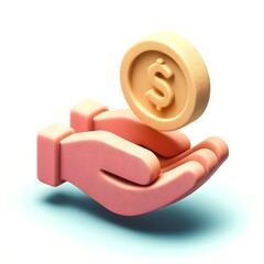 Fototapeta premium 3D icon of hand receiving dollar coin, representing a donation concept, isolated on white
