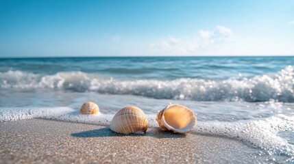 Obraz premium Photography of a quiet beach with a few scattered seashells, soft waves, and a backdrop