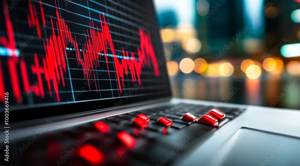 Aufkleber close-up of red stock market graph on computer screen with blurred office background