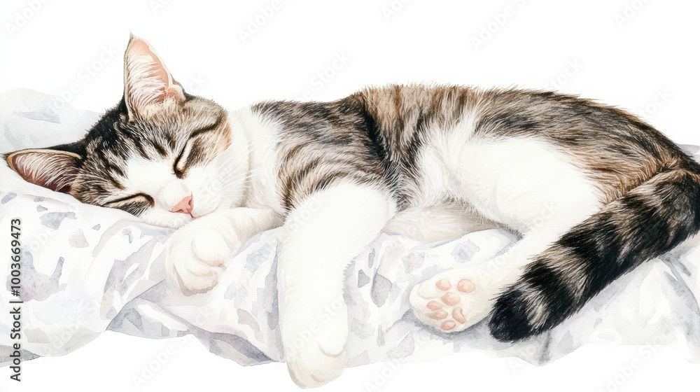 Aufkleber a cozy cat peacefully sleeping on a soft bedspread in a serene setting during the day. generative ai