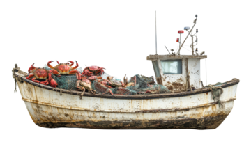 Crab fishing boat loaded with traps and fresh crabs ,Isolated on transparent background