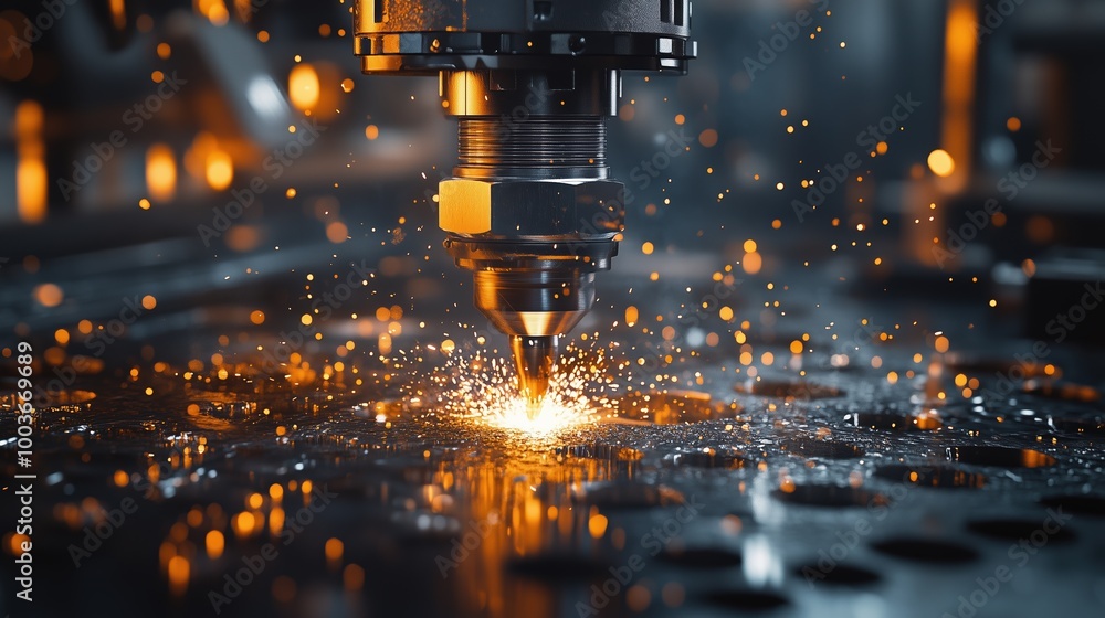 Poster close-up view of a drill in action, creating sparks as it cuts through metal material. the image cap