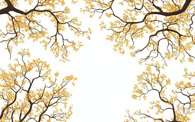 Fototapeta premium A minimalist illustration of branches with yellow leaves against a white background, creating a serene and open space.