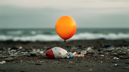 Obraz premium Orange Balloon Floating Above Plastic Waste on Beach