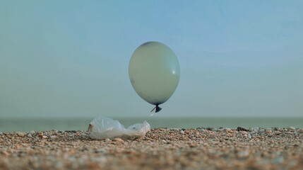 Deflated Balloon and Plastic Bag on Beach  Ocean Pollution Concept