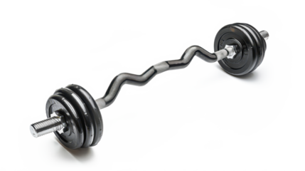EZ curl bar with weight plates on a white background designed for strength training and fitness enthusiasts