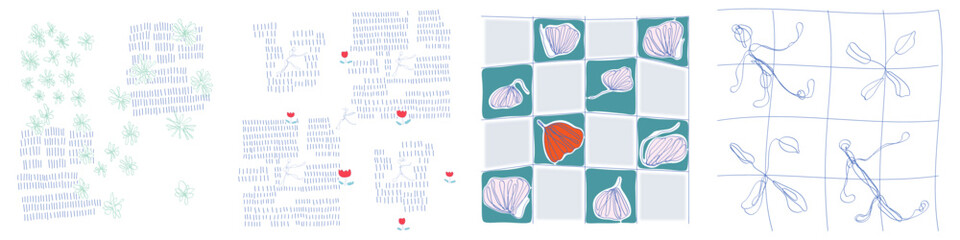 Vector Set of 4 Hand-drawn Irregular Seamless Patterns of Abstract Lines Leaves Flowers Stars Blue Green Pink Turquoise Theme