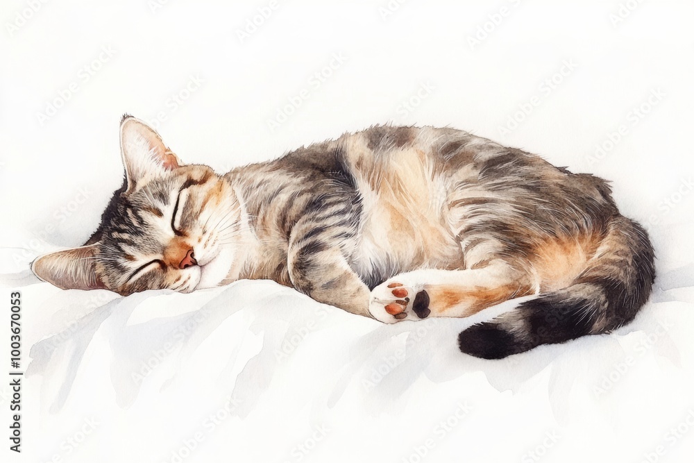 Poster A peaceful sleeping cat curled up on a soft white bedspread in a serene indoor setting during the daytime. Generative AI