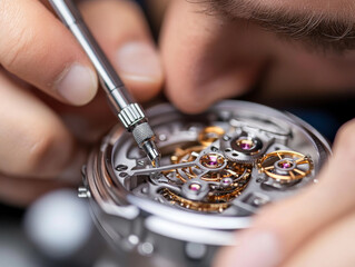 A close-up of Swiss watchmakers crafting a luxury watch, showcasing the fine details and precision of their work.