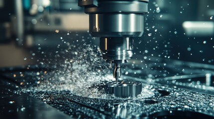 Closeup of Precision Metalworking with CNC Milling Machine Metal Parts Production and Machining