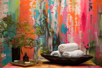 Serene spa setting with a vibrant abstract color backdrop.