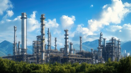 Obraz premium Industrial Landscape with Blue Sky. Industrial landscape featuring towering machinery and smokestacks under a bright blue sky, surrounded by green foliage.