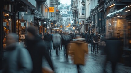 A busy city street with people walking and a bus in the background