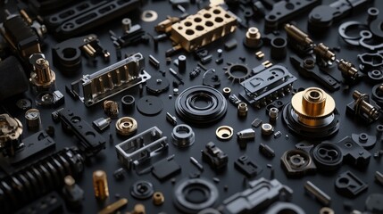 Detailed Image of Mechanical Components and Parts Arranged in Artistic Formation on a Dark Surface