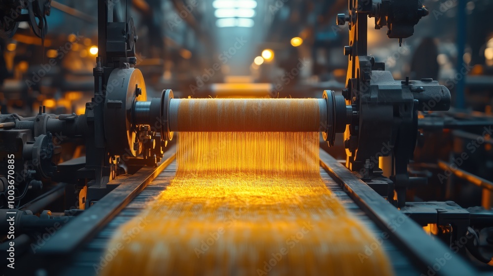 Poster high-speed weaving operation in textile industry. high-speed weaving process in a textile factory, s
