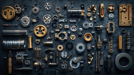 Detailed Image of Mechanical Components and Parts Arranged in Artistic Formation on a Dark Surface