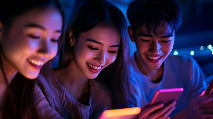 A group of Asian friends playing an online game together, using tablets and smartphones, enjoying a relaxed evening.
