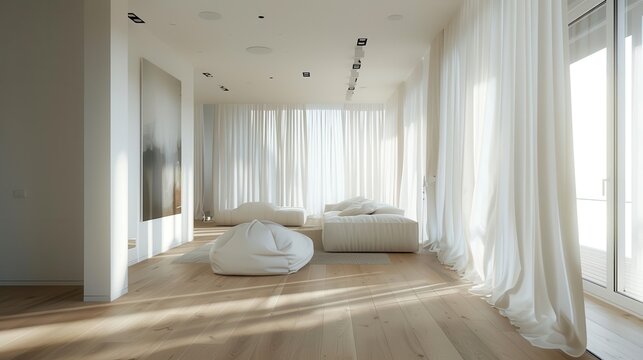 A modern living room, scandinaviam style, wood floor, curtains, difuse soft light, expansive windows covered by curtains, serenity