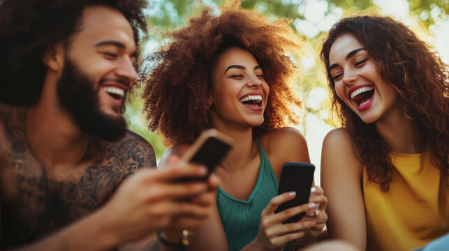 A group of friends sitting at a park, having a fun conversation while checking social media on their phones. - Powered by Adobe