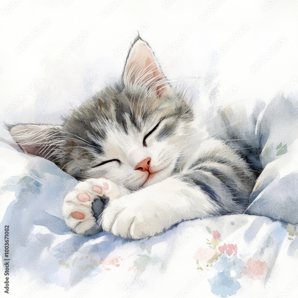 Poster a peaceful sleeping cat resting on a cozy bedspread with a soft white background during a tranquil a
