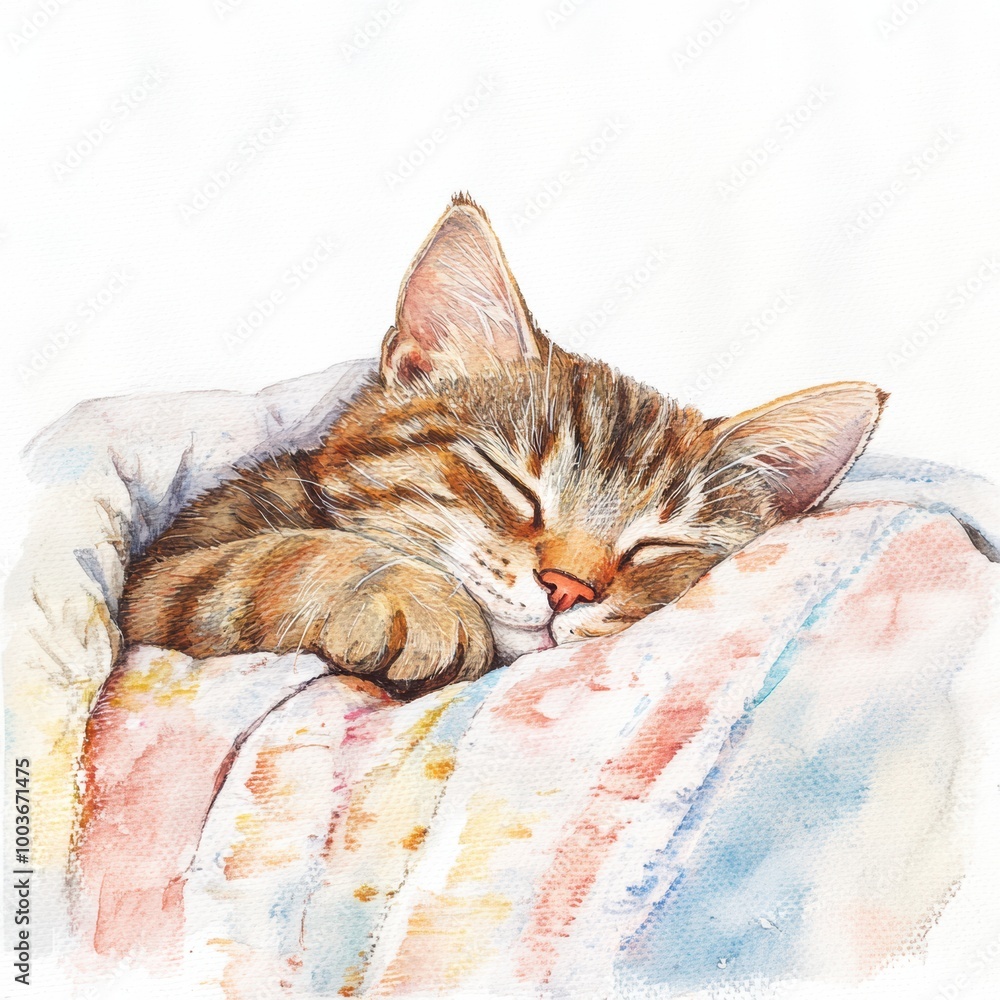 Poster a peaceful sleeping cat wrapped in a cozy bedspread on a soft white background during a quiet aftern